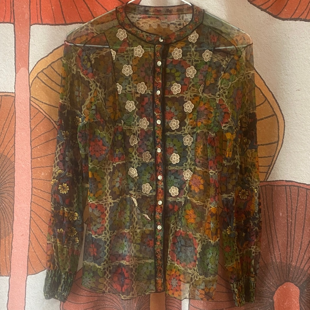 Sheer Granny Quilt patterned Floral Crochet embroidered sleeve Blouse